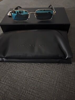 Rectangular Blue Lens  Sunglasses with Silver Frame. Carolina Lemke